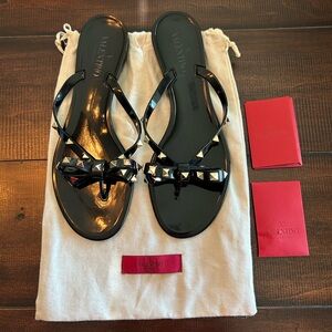 Valentino Glossy Black Studded Flip Flops